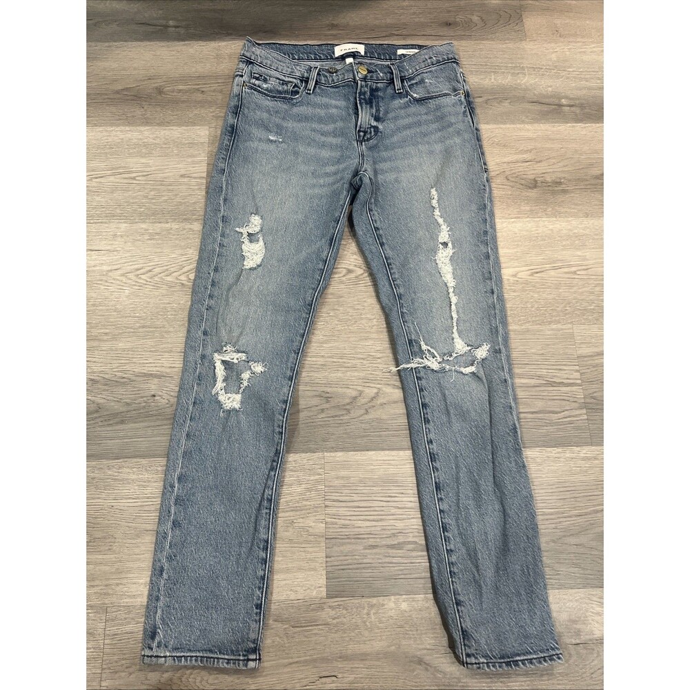 Frame Denim Le Garcon Mid Rise Distressed Jeans Denim Beldon Rips $228 Size 26